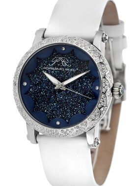 Porsamo Bleu White Strap Watch with Blue Glitter Dial and Crystal Bezel